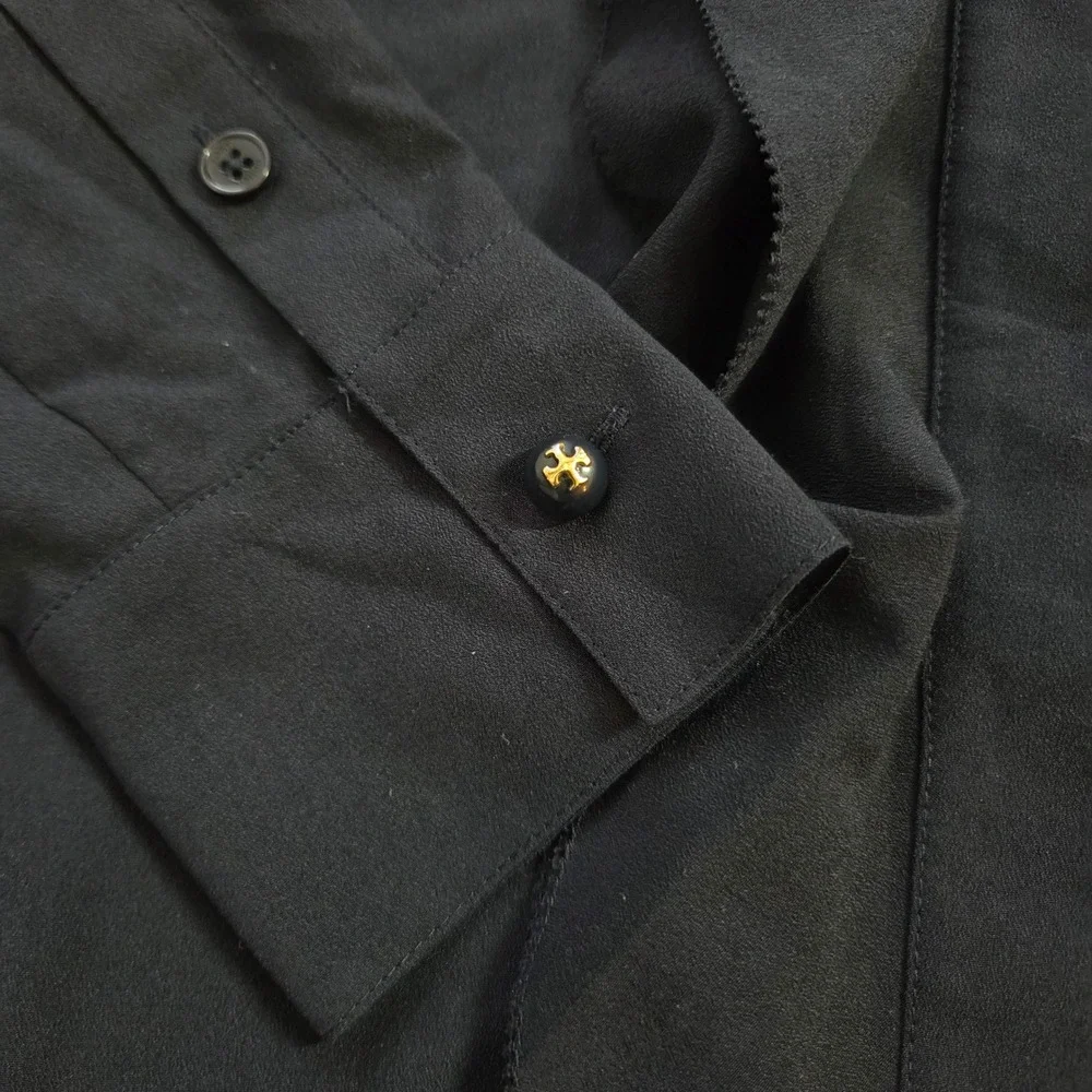Tory Burch Navy Blue Ruffle Front Drop Waist Shirt Dress Size 2 Logo Buttons